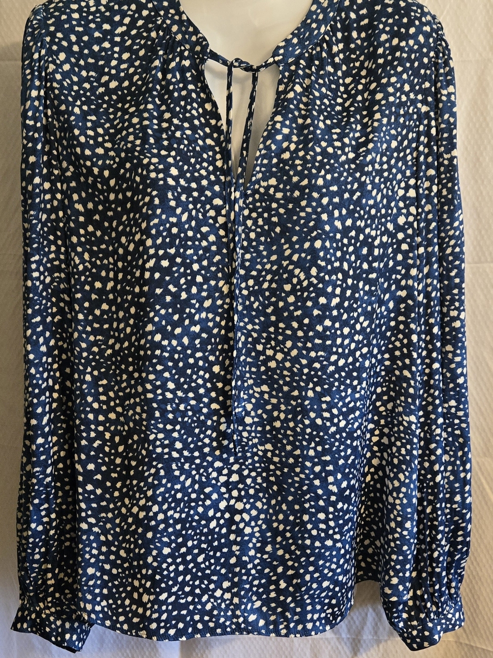 Navy Blue & White Printed Tie-Neck Blouse